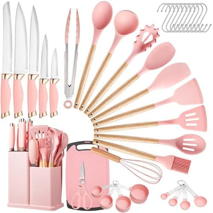 Kitchen Utensils Set,37 Piece Cooking Utensils and Knife Set,Pink | Food-grade Silicone Heat-safe to 410°F, 5 Kitchen Knives and Cutting Board All-in-one,Wooden Handle Kitchen Tool Set