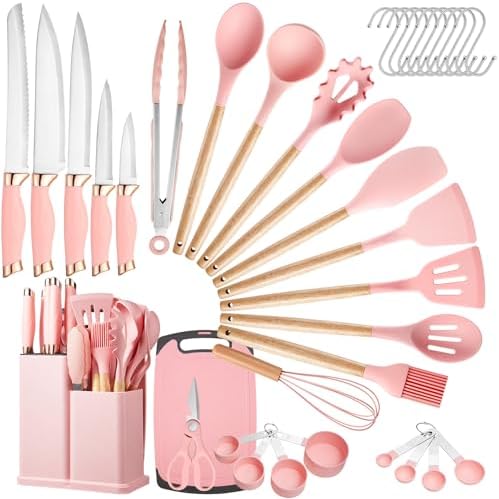 Kitchen Utensils Set,37 Piece Cooking Utensils and Knife Set,Pink | Food-grade Silicone Heat-safe to 410°F, 5 Kitchen Knives and Cutting Board All-in-one,Wooden Handle Kitchen Tool Set