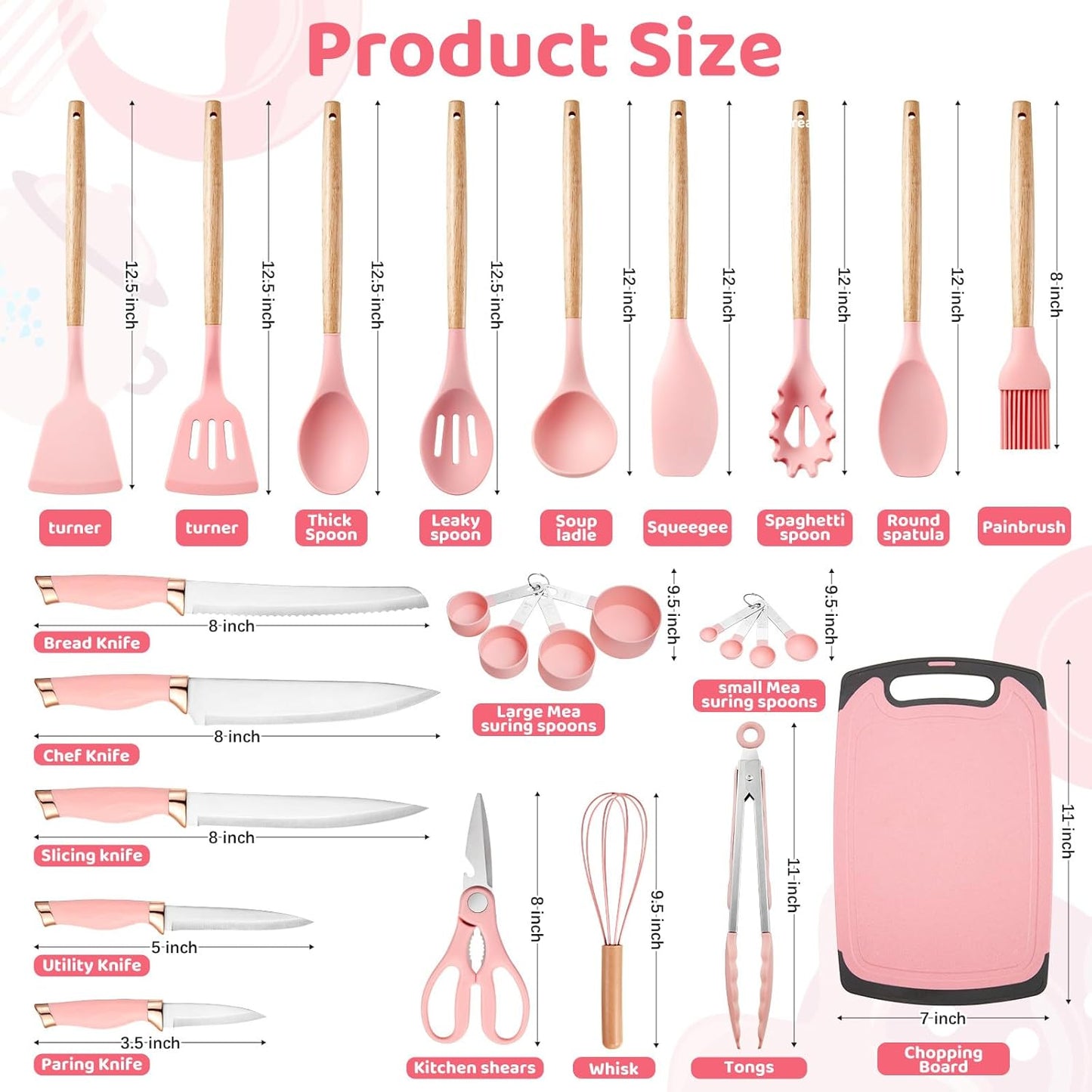 Kitchen Utensils Set,37 Piece Cooking Utensils and Knife Set,Pink | Food-grade Silicone Heat-safe to 410°F, 5 Kitchen Knives and Cutting Board All-in-one,Wooden Handle Kitchen Tool Set