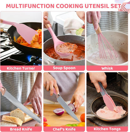 Kitchen Utensils Set,37 Piece Cooking Utensils and Knife Set,Pink | Food-grade Silicone Heat-safe to 410°F, 5 Kitchen Knives and Cutting Board All-in-one,Wooden Handle Kitchen Tool Set