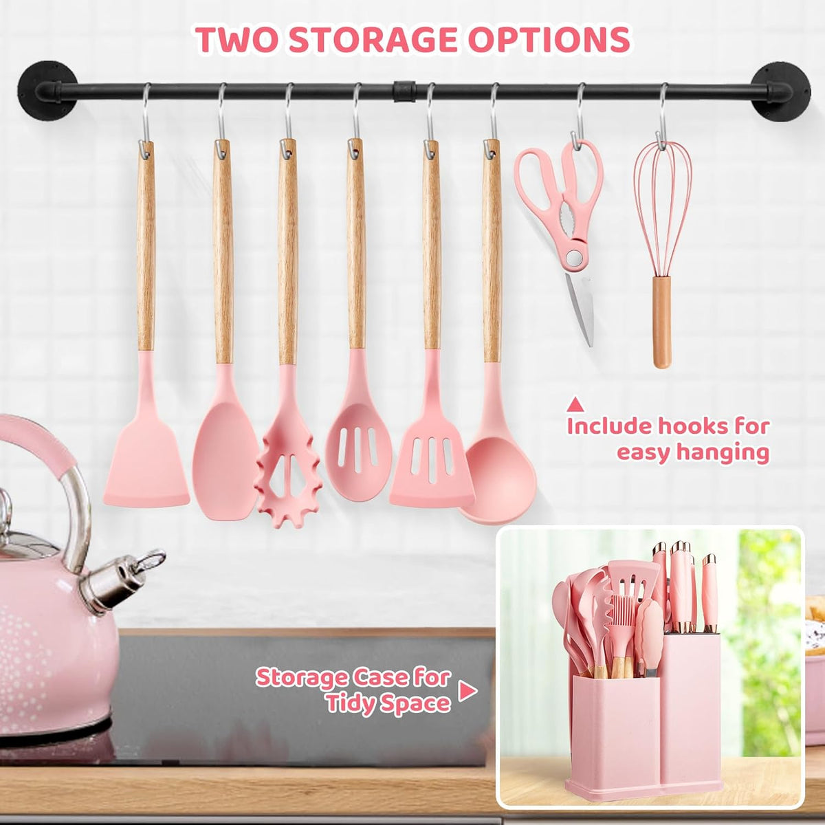 Kitchen Utensils Set,37 Piece Cooking Utensils and Knife Set,Pink | Food-grade Silicone Heat-safe to 410°F, 5 Kitchen Knives and Cutting Board All-in-one,Wooden Handle Kitchen Tool Set
