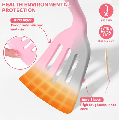 Kitchen Utensils Set,37 Piece Cooking Utensils and Knife Set,Pink | Food-grade Silicone Heat-safe to 410°F, 5 Kitchen Knives and Cutting Board All-in-one,Wooden Handle Kitchen Tool Set