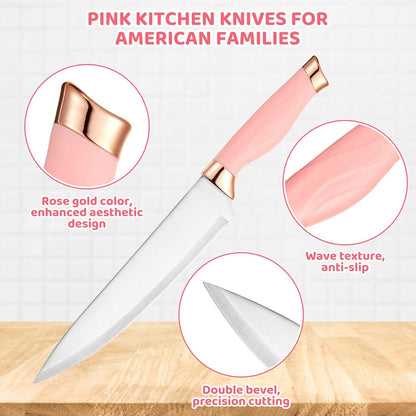 Kitchen Utensils Set,37 Piece Cooking Utensils and Knife Set,Pink | Food-grade Silicone Heat-safe to 410°F, 5 Kitchen Knives and Cutting Board All-in-one,Wooden Handle Kitchen Tool Set