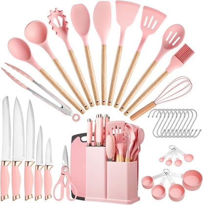 Kitchen Utensils Set,37 Piece Cooking Utensils and Knife Set,Pink | Food-grade Silicone Heat-safe to 410°F, 5 Kitchen Knives and Cutting Board All-in-one,Wooden Handle Kitchen Tool Set