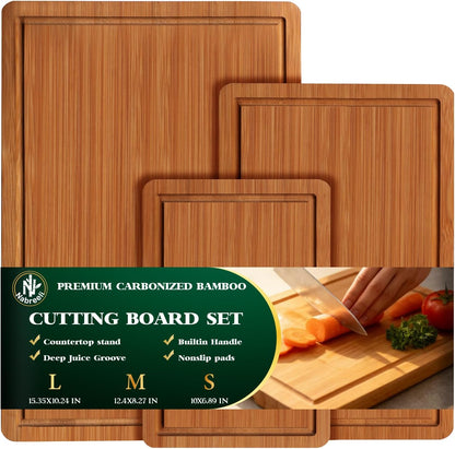 Bamboo Cutting Board Set of 3 with Stand, Carbonized Bamboo, Juice Groove | Carbonized Bamboo, 3 Kitchen Cutting Boards, Storage Stand, Deep Juice Groove, Food Prep Boards, Meat Vegetable Cheese Prep