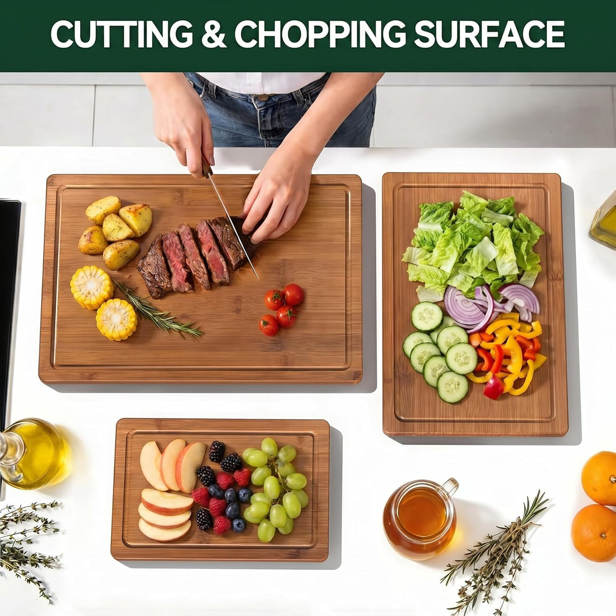 Bamboo Cutting Board Set of 3 with Stand, Carbonized Bamboo, Juice Groove | Carbonized Bamboo, 3 Kitchen Cutting Boards, Storage Stand, Deep Juice Groove, Food Prep Boards, Meat Vegetable Cheese Prep