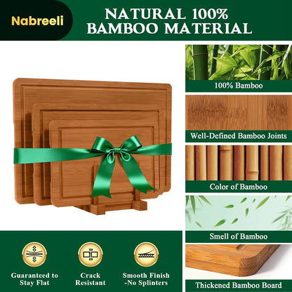 Bamboo Cutting Board Set of 3 with Stand, Carbonized Bamboo, Juice Groove | Carbonized Bamboo, 3 Kitchen Cutting Boards, Storage Stand, Deep Juice Groove, Food Prep Boards, Meat Vegetable Cheese Prep