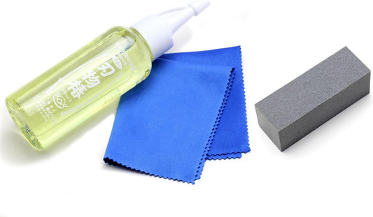 Yoshihiro 100% Pure Tsubaki Japanese Knife Maintenance Oil 3.4 oz & Large Sabitori Rust Erasers Set - Made in Japan