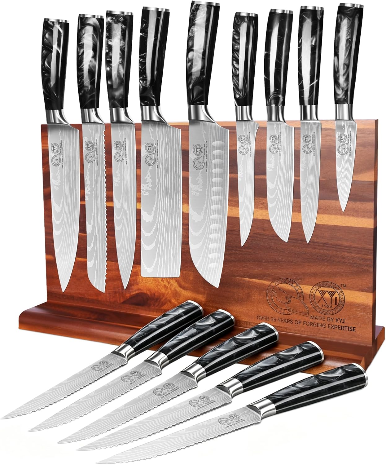 Authentic Since 1986,Knife Block Set,Professional Japanese Style Chef Knives Set with Block,Scissors,Sharpener Rod,Cutting Board,Gloves,Stainless Steel Steak Paring Bread Santoku Kitchen Knives