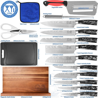 Authentic Since 1986,Knife Block Set,Professional Japanese Style Chef Knives Set with Block,Scissors,Sharpener Rod,Cutting Board,Gloves,Stainless Steel Steak Paring Bread Santoku Kitchen Knives
