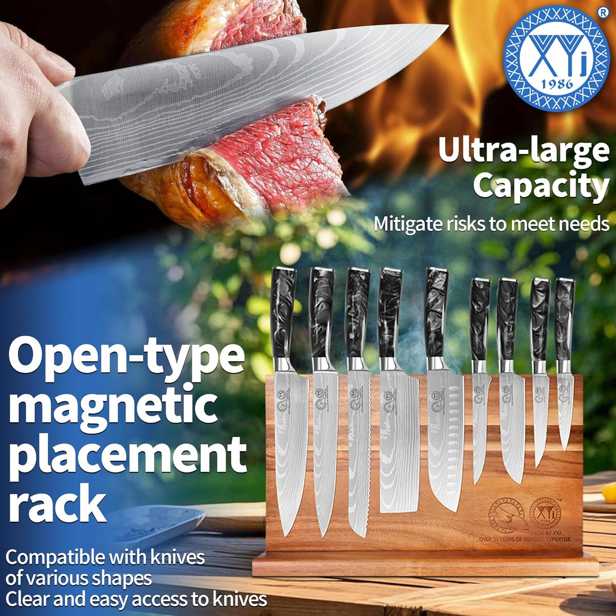 Authentic Since 1986,Knife Block Set,Professional Japanese Style Chef Knives Set with Block,Scissors,Sharpener Rod,Cutting Board,Gloves,Stainless Steel Steak Paring Bread Santoku Kitchen Knives