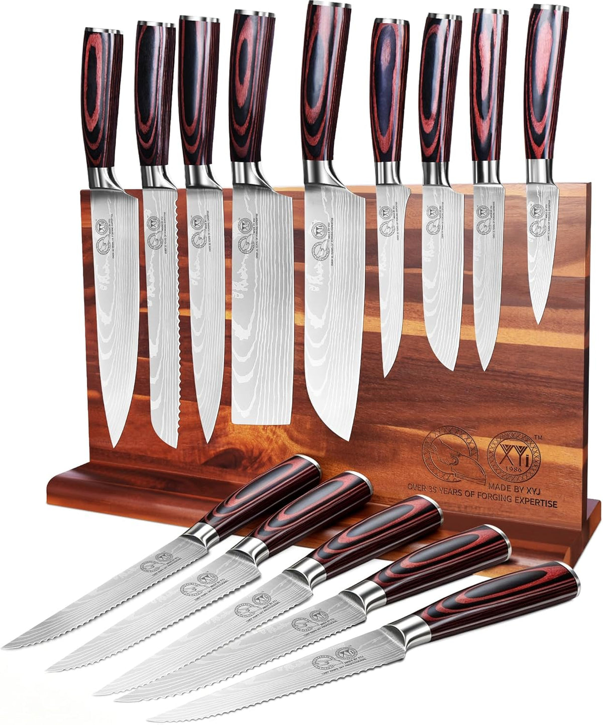 Authentic Since 1986,Knife Block Set,Professional Japanese Style Chef Knives Set with Block,Scissors,Sharpener Rod,Cutting Board,Gloves,Stainless Steel Steak Paring Bread Santoku Kitchen Knives