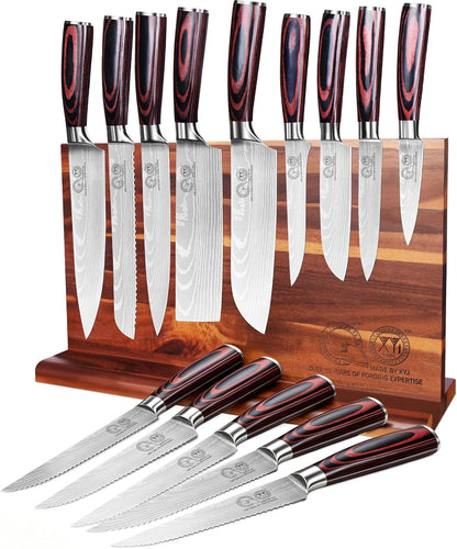 Authentic Since 1986,Knife Block Set,Professional Japanese Style Chef Knives Set with Block,Scissors,Sharpener Rod,Cutting Board,Gloves,Stainless Steel Steak Paring Bread Santoku Kitchen Knives