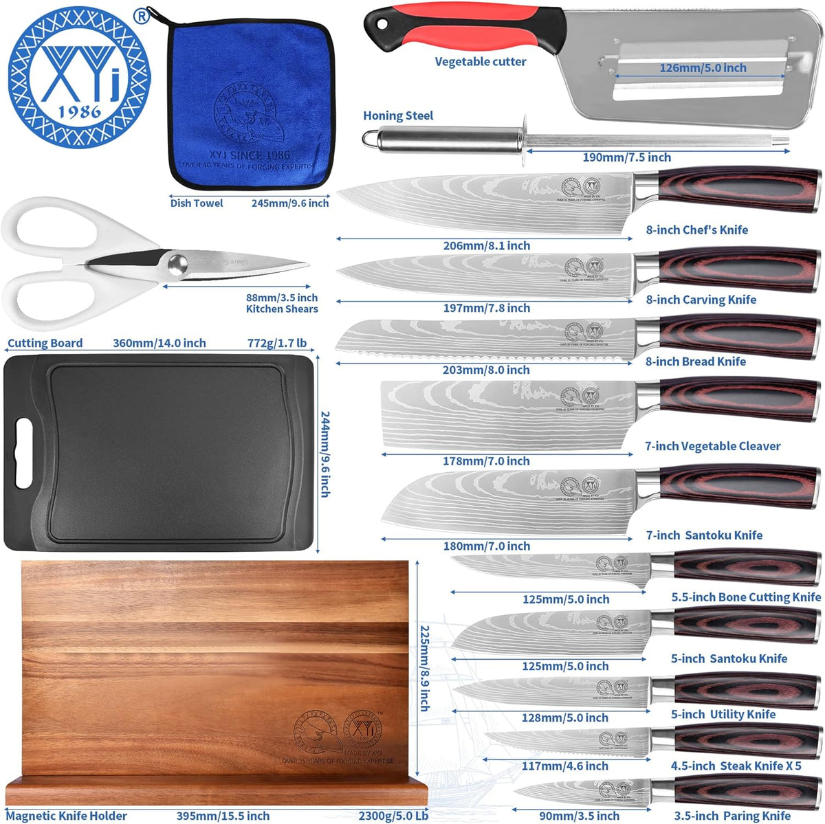Authentic Since 1986,Knife Block Set,Professional Japanese Style Chef Knives Set with Block,Scissors,Sharpener Rod,Cutting Board,Gloves,Stainless Steel Steak Paring Bread Santoku Kitchen Knives