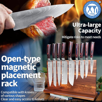 Authentic Since 1986,Knife Block Set,Professional Japanese Style Chef Knives Set with Block,Scissors,Sharpener Rod,Cutting Board,Gloves,Stainless Steel Steak Paring Bread Santoku Kitchen Knives