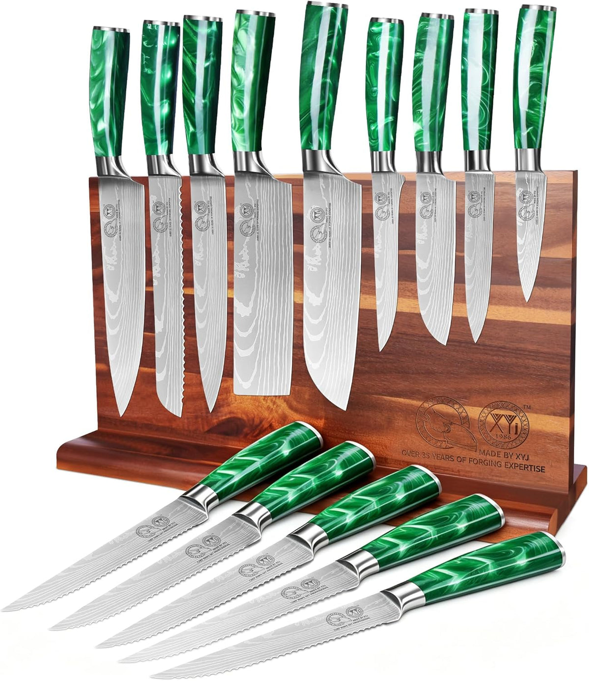 Authentic Since 1986,Knife Block Set,Professional Japanese Style Chef Knives Set with Block,Scissors,Sharpener Rod,Cutting Board,Gloves,Stainless Steel Steak Paring Bread Santoku Kitchen Knives