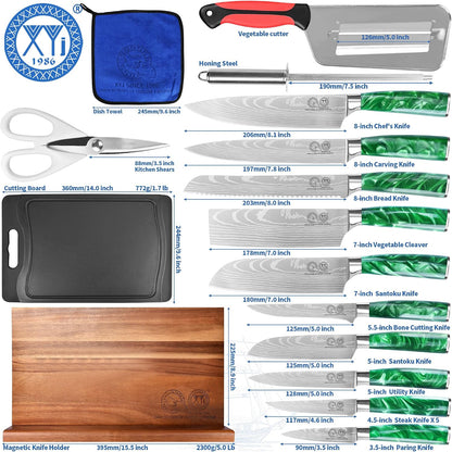 Authentic Since 1986,Knife Block Set,Professional Japanese Style Chef Knives Set with Block,Scissors,Sharpener Rod,Cutting Board,Gloves,Stainless Steel Steak Paring Bread Santoku Kitchen Knives