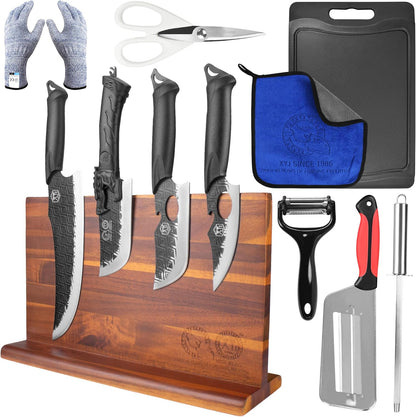 Authentic Since 1986,Knife Block Set,Professional Japanese Style Chef Knives Set with Block,Scissors,Sharpener Rod,Cutting Board,Gloves,Stainless Steel Steak Paring Bread Santoku Kitchen Knives