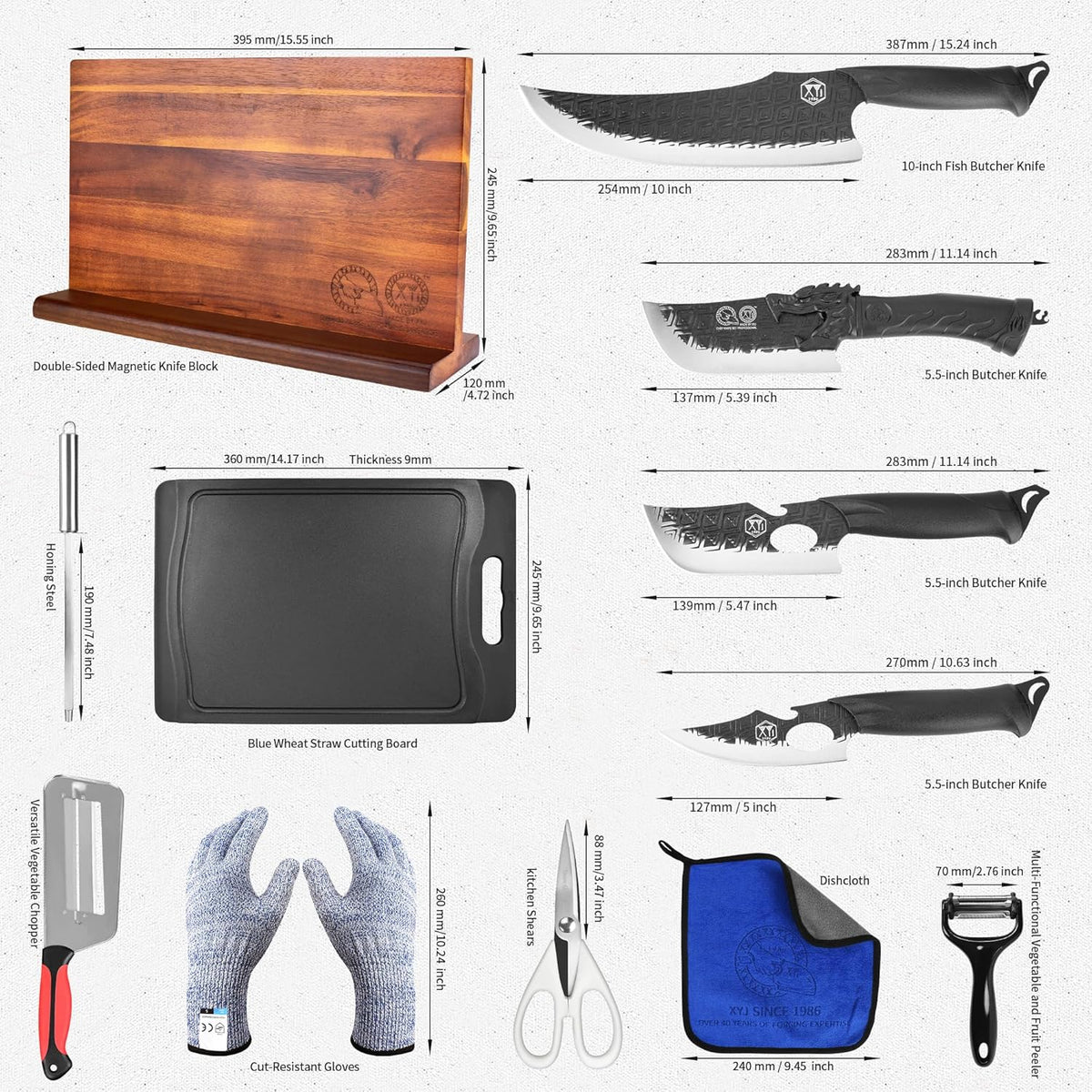 Authentic Since 1986,Knife Block Set,Professional Japanese Style Chef Knives Set with Block,Scissors,Sharpener Rod,Cutting Board,Gloves,Stainless Steel Steak Paring Bread Santoku Kitchen Knives