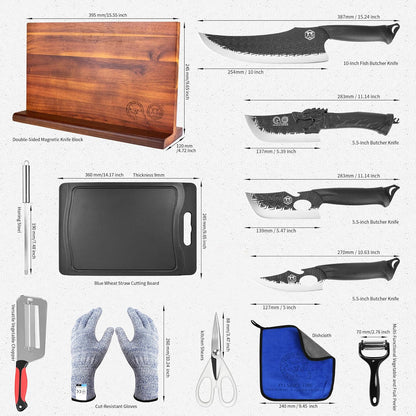 Authentic Since 1986,Knife Block Set,Professional Japanese Style Chef Knives Set with Block,Scissors,Sharpener Rod,Cutting Board,Gloves,Stainless Steel Steak Paring Bread Santoku Kitchen Knives