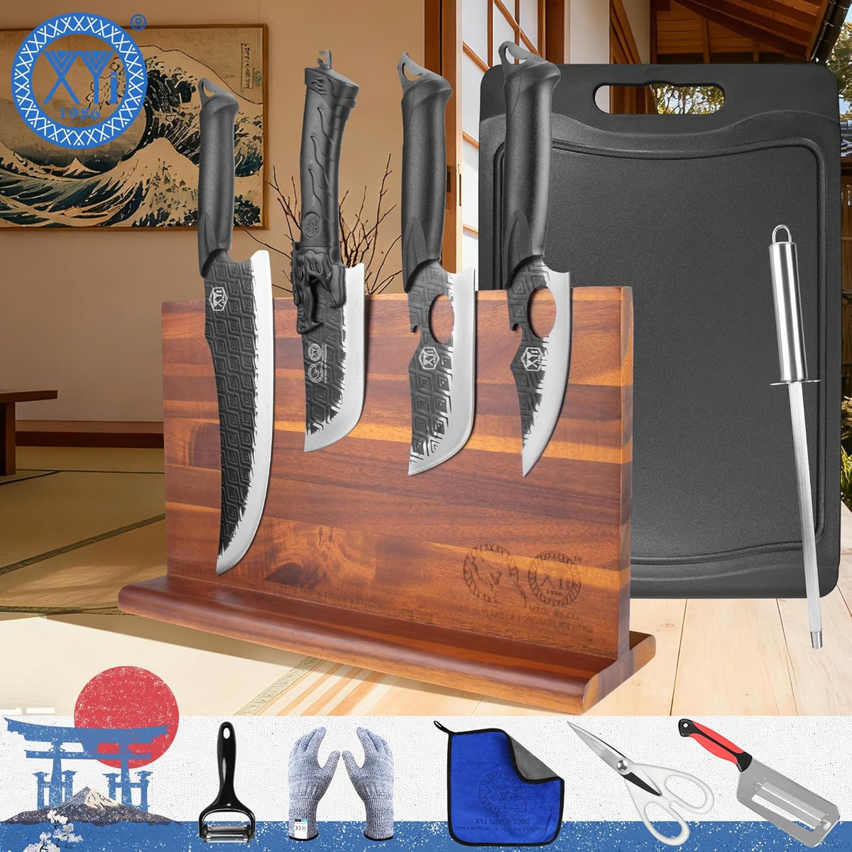 Authentic Since 1986,Knife Block Set,Professional Japanese Style Chef Knives Set with Block,Scissors,Sharpener Rod,Cutting Board,Gloves,Stainless Steel Steak Paring Bread Santoku Kitchen Knives