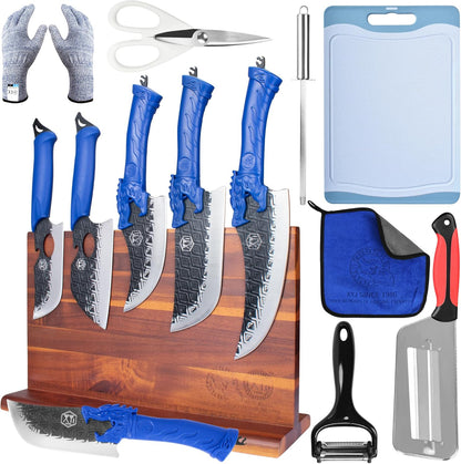 Authentic Since 1986,Knife Block Set,Professional Japanese Style Chef Knives Set with Block,Scissors,Sharpener Rod,Cutting Board,Gloves,Stainless Steel Steak Paring Bread Santoku Kitchen Knives