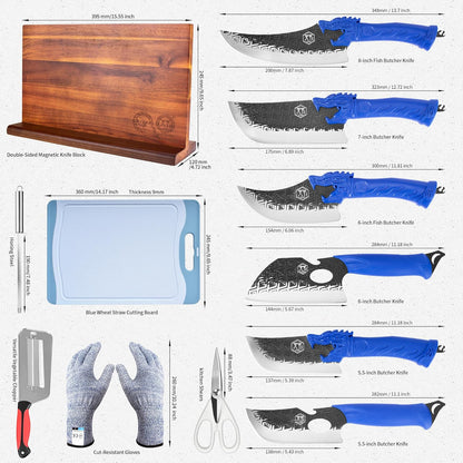 Authentic Since 1986,Knife Block Set,Professional Japanese Style Chef Knives Set with Block,Scissors,Sharpener Rod,Cutting Board,Gloves,Stainless Steel Steak Paring Bread Santoku Kitchen Knives