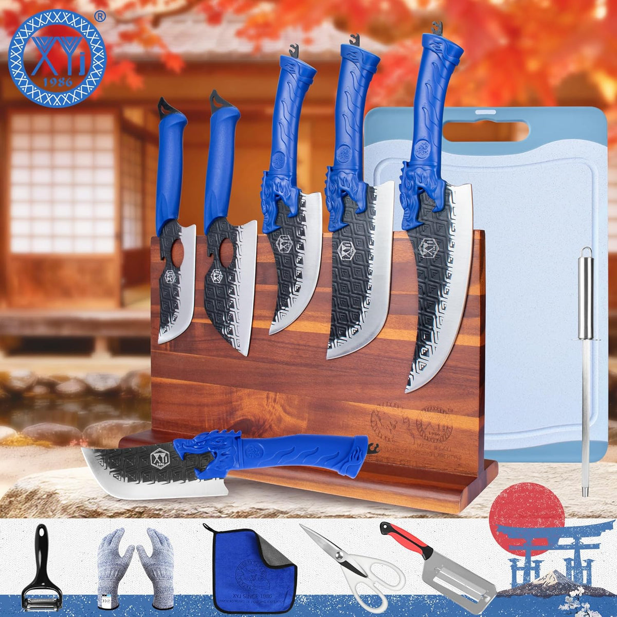 Authentic Since 1986,Knife Block Set,Professional Japanese Style Chef Knives Set with Block,Scissors,Sharpener Rod,Cutting Board,Gloves,Stainless Steel Steak Paring Bread Santoku Kitchen Knives