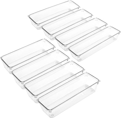 8 Pack Clear Plastic Drawer Organizers, 9.2''×3''×2'', Food Grade Storage Trays, Non-Slip Storage Bins for Kitchen Utensil, Silverware Cutlery, Bathroom, Office Desk, Makeup, Jewelry
