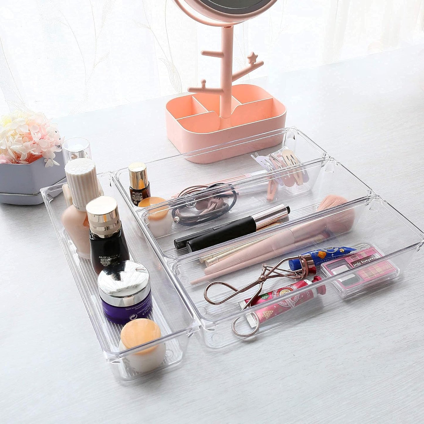 8 Pack Clear Plastic Drawer Organizers, 9.2''×3''×2'', Food Grade Storage Trays, Non-Slip Storage Bins for Kitchen Utensil, Silverware Cutlery, Bathroom, Office Desk, Makeup, Jewelry