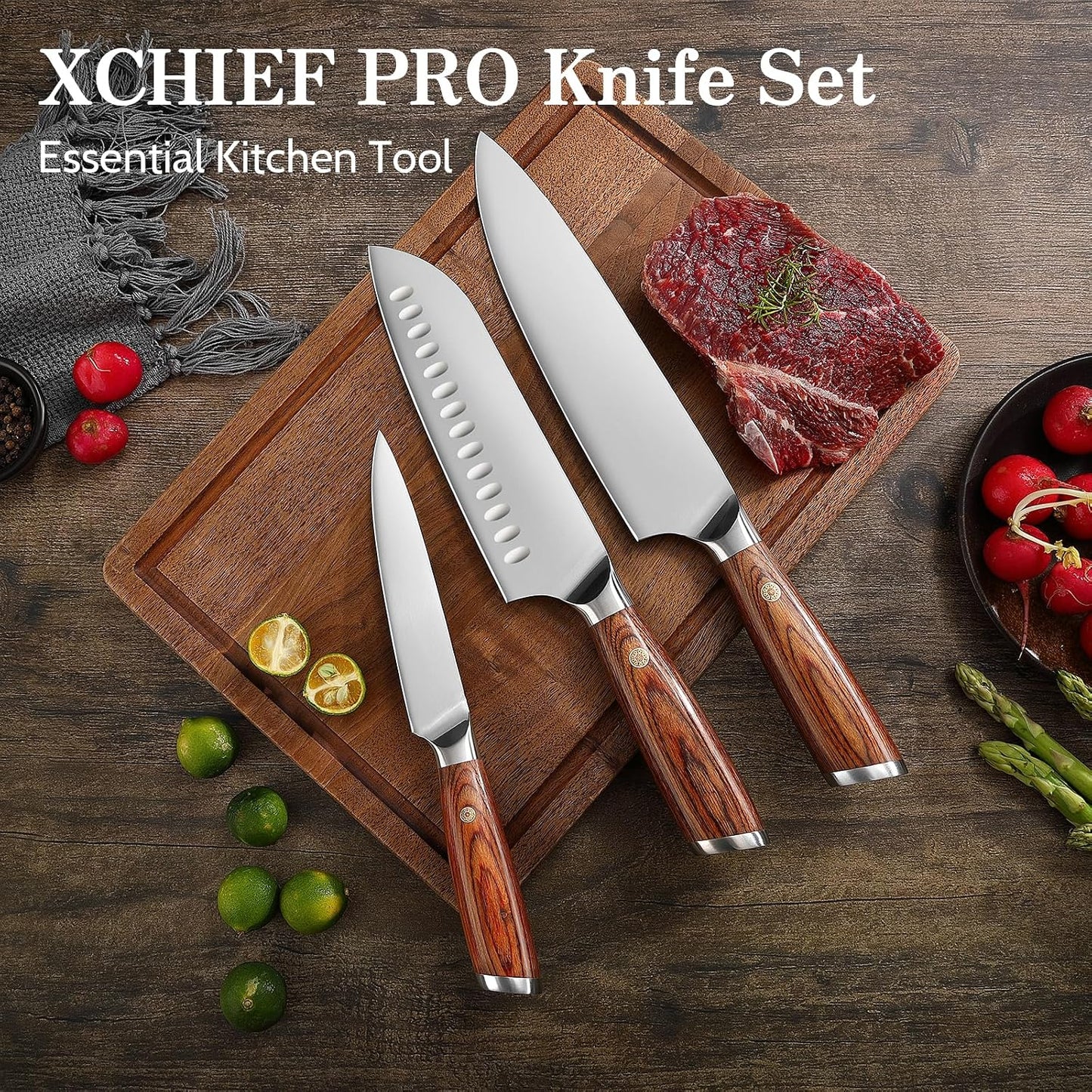 Kitchen Knife Set, 3 Pieces Japanese High Carbon Stainless Steel Chef Cooking Knife Set, Ultra Sharp Professional Chef Santoku Utility Knives (Silver)