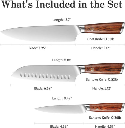 Kitchen Knife Set, 3 Pieces Japanese High Carbon Stainless Steel Chef Cooking Knife Set, Ultra Sharp Professional Chef Santoku Utility Knives (Silver)