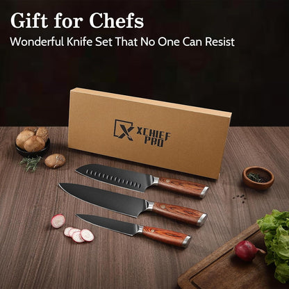Kitchen Knife Set, 3 Pieces Japanese High Carbon Stainless Steel Chef Cooking Knife Set, Ultra Sharp Professional Chef Santoku Utility Knives (Silver)