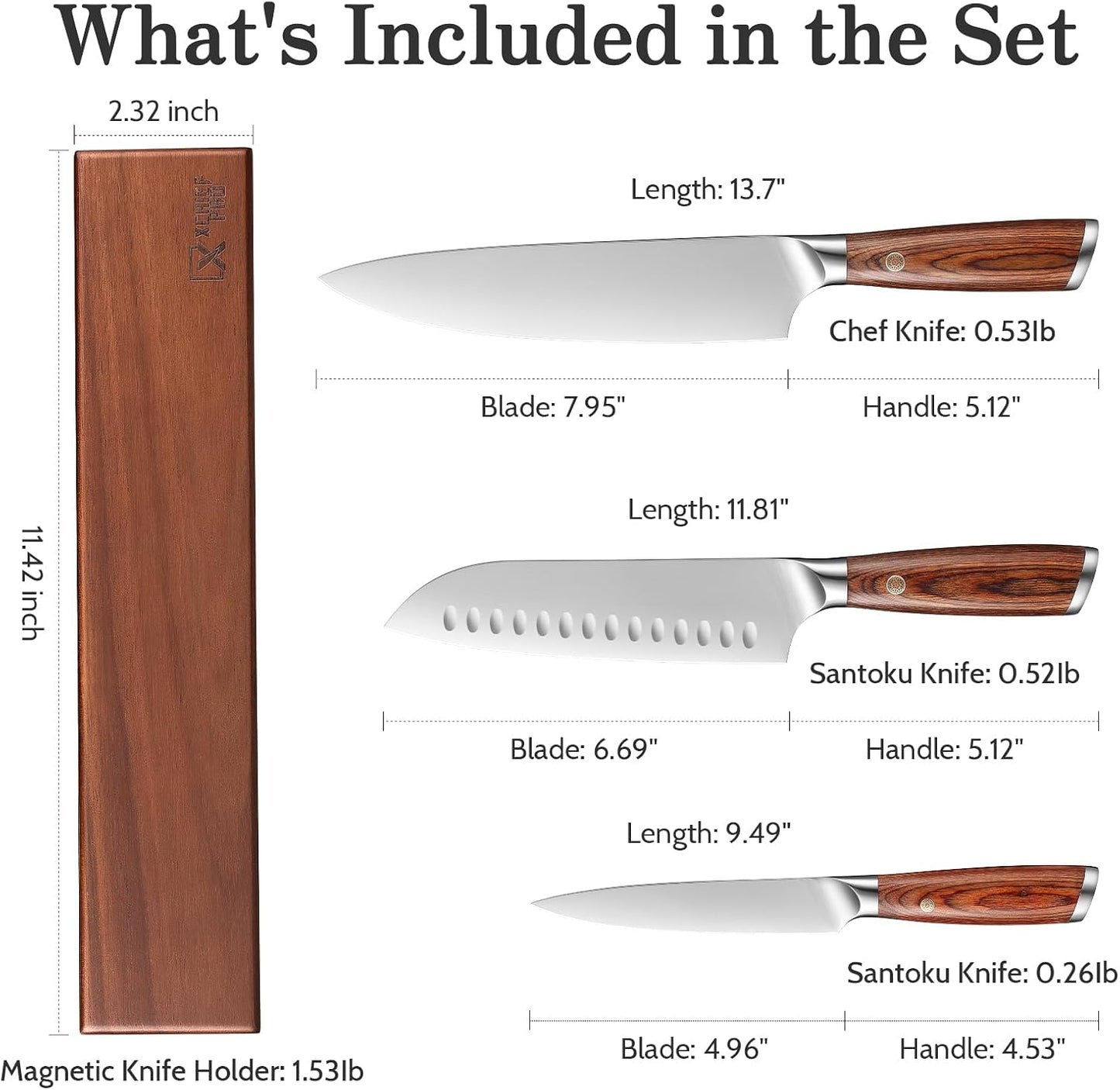 Kitchen Knife Set, 3 Pieces Japanese High Carbon Stainless Steel Chef Cooking Knife Set, Ultra Sharp Professional Chef Santoku Utility Knives (Silver)
