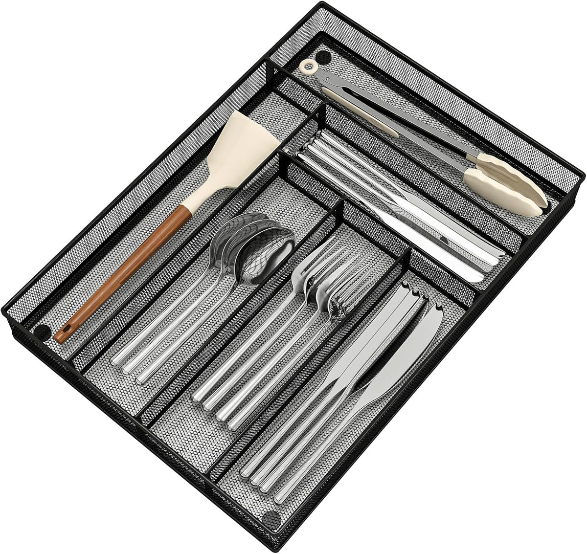 Sedegn mesh silverware tray for drawer: 6 Compartments for Easy Sorting | Sized at 11.3" x 16" for kitchen drawers with non-slip feet, metal mesh design for easy cleaning, organizing flatware Black