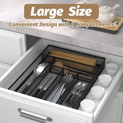 Sedegn mesh silverware tray for drawer: 6 Compartments for Easy Sorting | Sized at 11.3" x 16" for kitchen drawers with non-slip feet, metal mesh design for easy cleaning, organizing flatware Black
