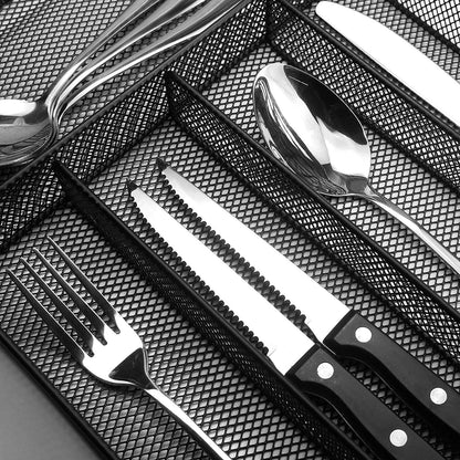 Sedegn mesh silverware tray for drawer: 6 Compartments for Easy Sorting | Sized at 11.3" x 16" for kitchen drawers with non-slip feet, metal mesh design for easy cleaning, organizing flatware Black