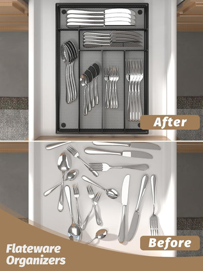 Sedegn mesh silverware tray for drawer: 6 Compartments for Easy Sorting | Sized at 11.3" x 16" for kitchen drawers with non-slip feet, metal mesh design for easy cleaning, organizing flatware Black