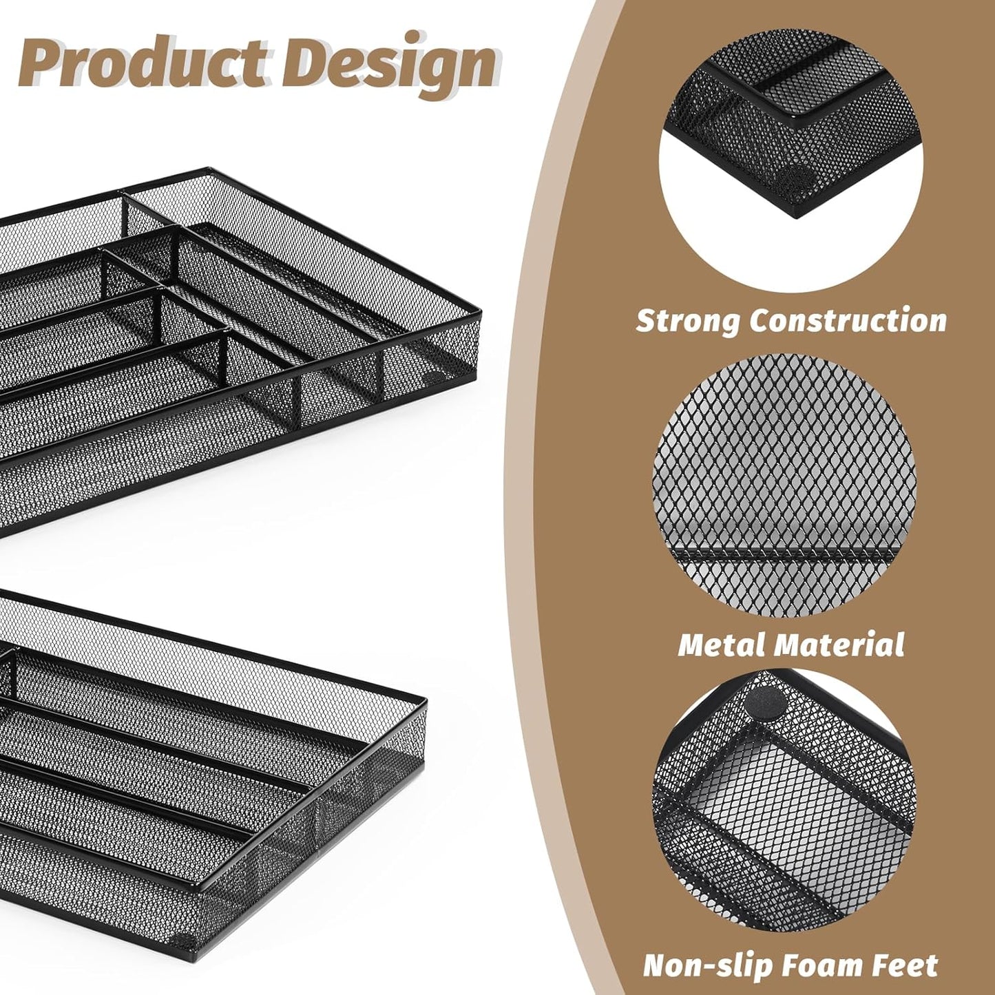 Sedegn mesh silverware tray for drawer: 6 Compartments for Easy Sorting | Sized at 11.3" x 16" for kitchen drawers with non-slip feet, metal mesh design for easy cleaning, organizing flatware Black