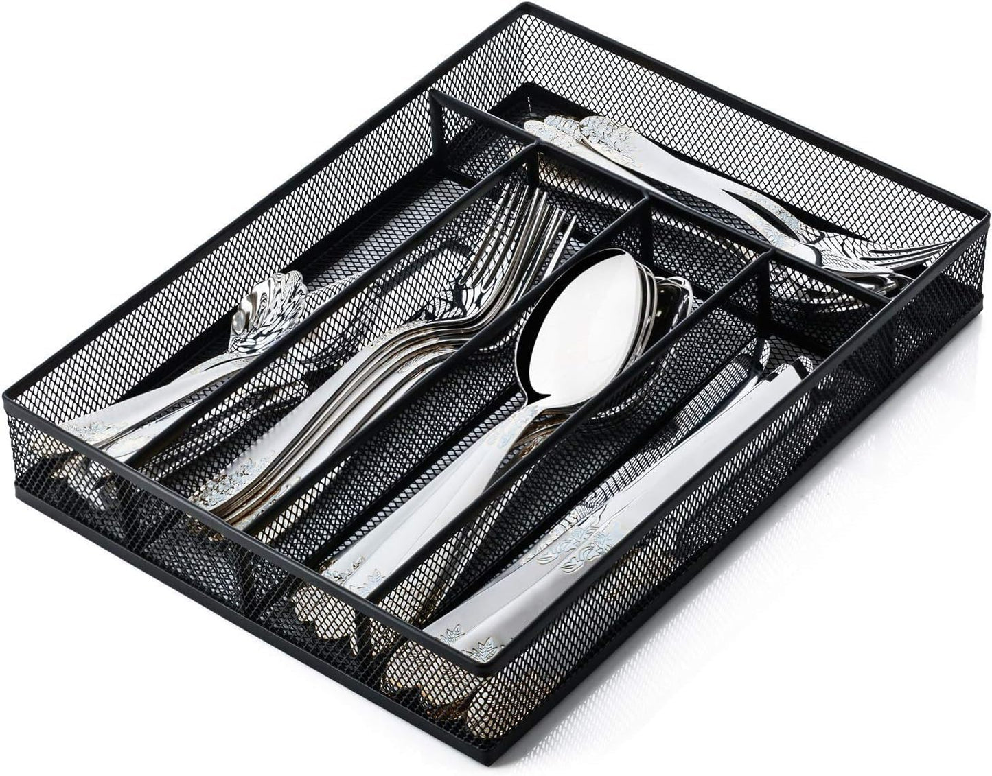 Sedegn mesh silverware tray for drawer: 6 Compartments for Easy Sorting | Sized at 11.3" x 16" for kitchen drawers with non-slip feet, metal mesh design for easy cleaning, organizing flatware Black