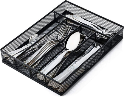 Sedegn mesh silverware tray for drawer: 6 Compartments for Easy Sorting | Sized at 11.3" x 16" for kitchen drawers with non-slip feet, metal mesh design for easy cleaning, organizing flatware Black