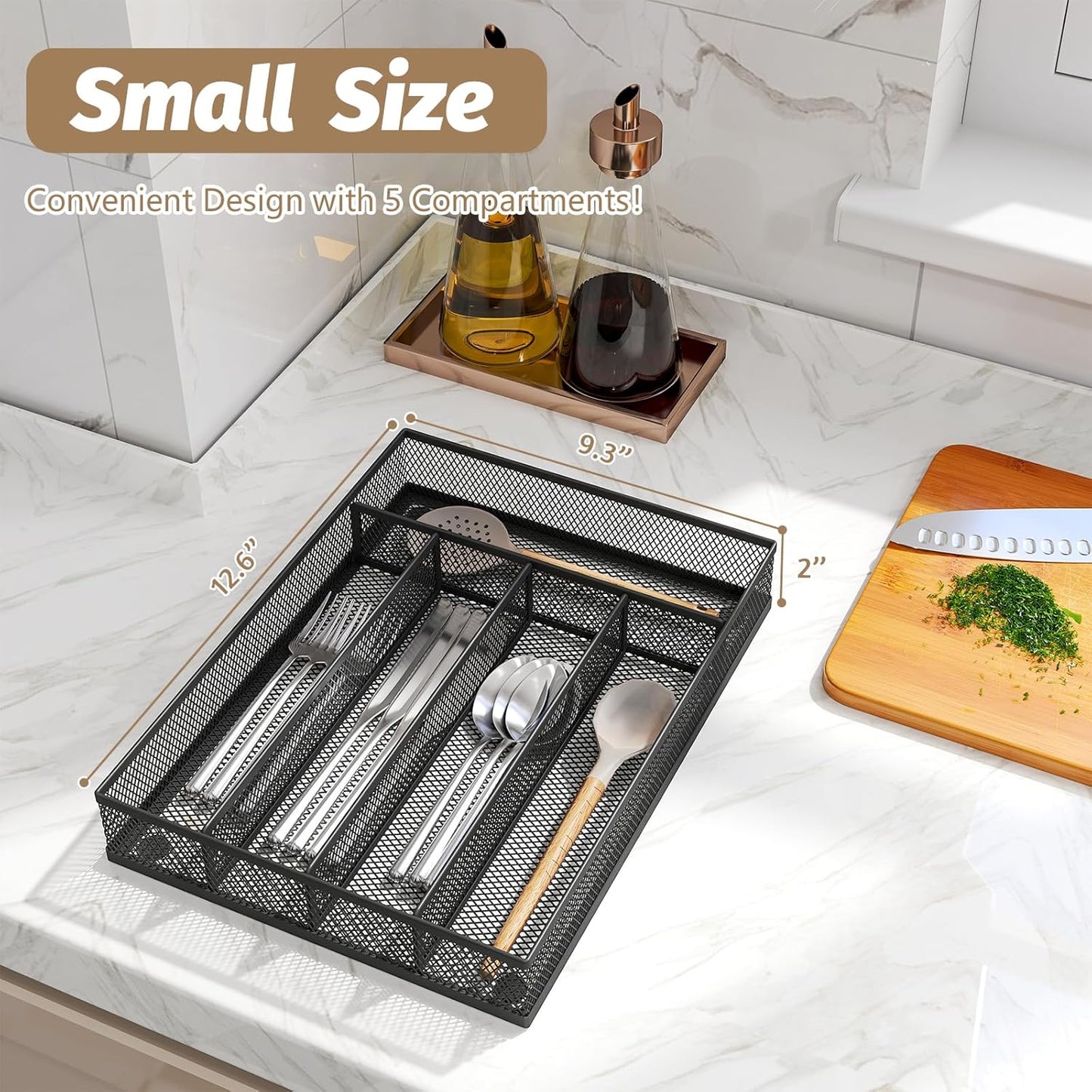 Sedegn mesh silverware tray for drawer: 6 Compartments for Easy Sorting | Sized at 11.3" x 16" for kitchen drawers with non-slip feet, metal mesh design for easy cleaning, organizing flatware Black