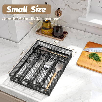 Sedegn mesh silverware tray for drawer: 6 Compartments for Easy Sorting | Sized at 11.3" x 16" for kitchen drawers with non-slip feet, metal mesh design for easy cleaning, organizing flatware Black