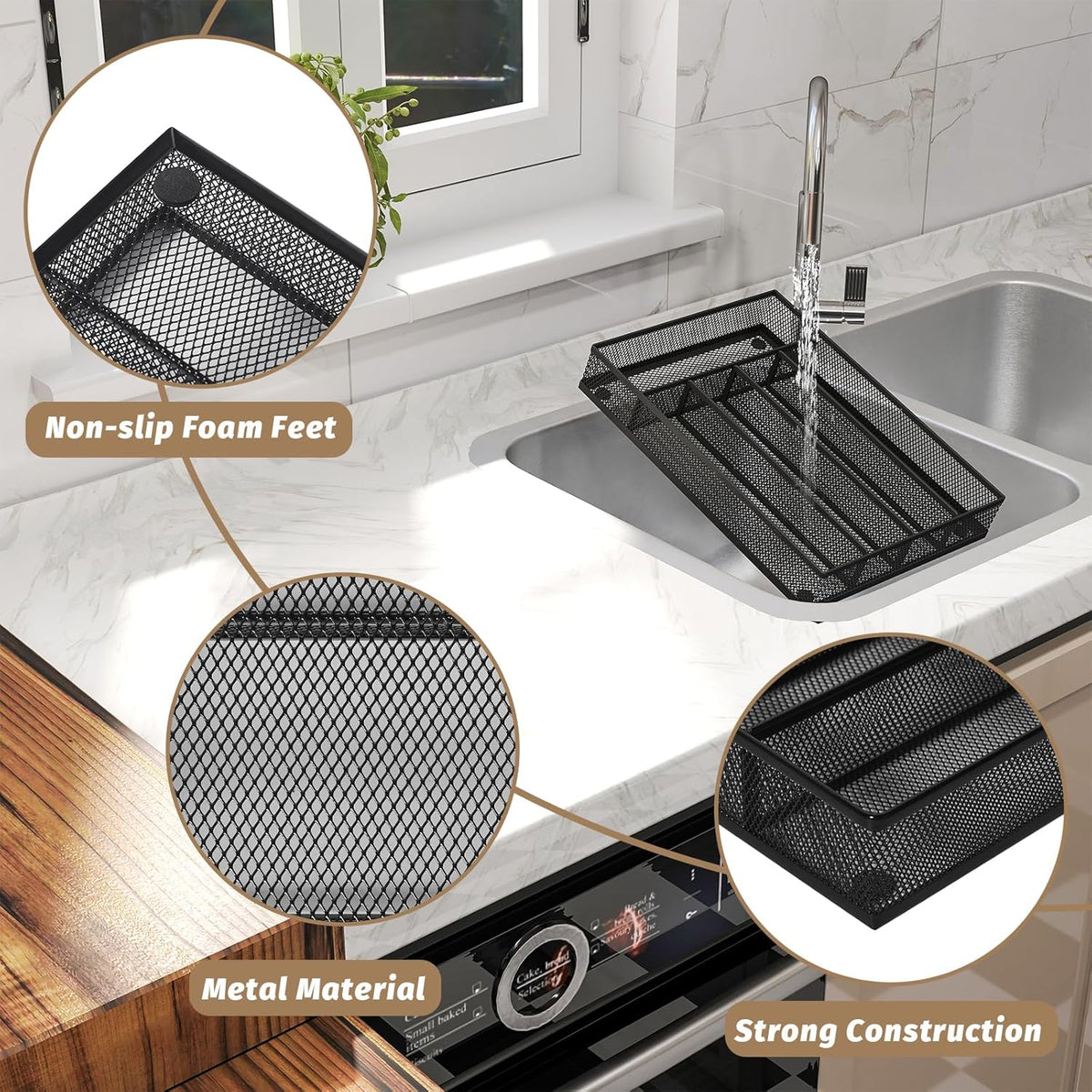 Sedegn mesh silverware tray for drawer: 6 Compartments for Easy Sorting | Sized at 11.3" x 16" for kitchen drawers with non-slip feet, metal mesh design for easy cleaning, organizing flatware Black