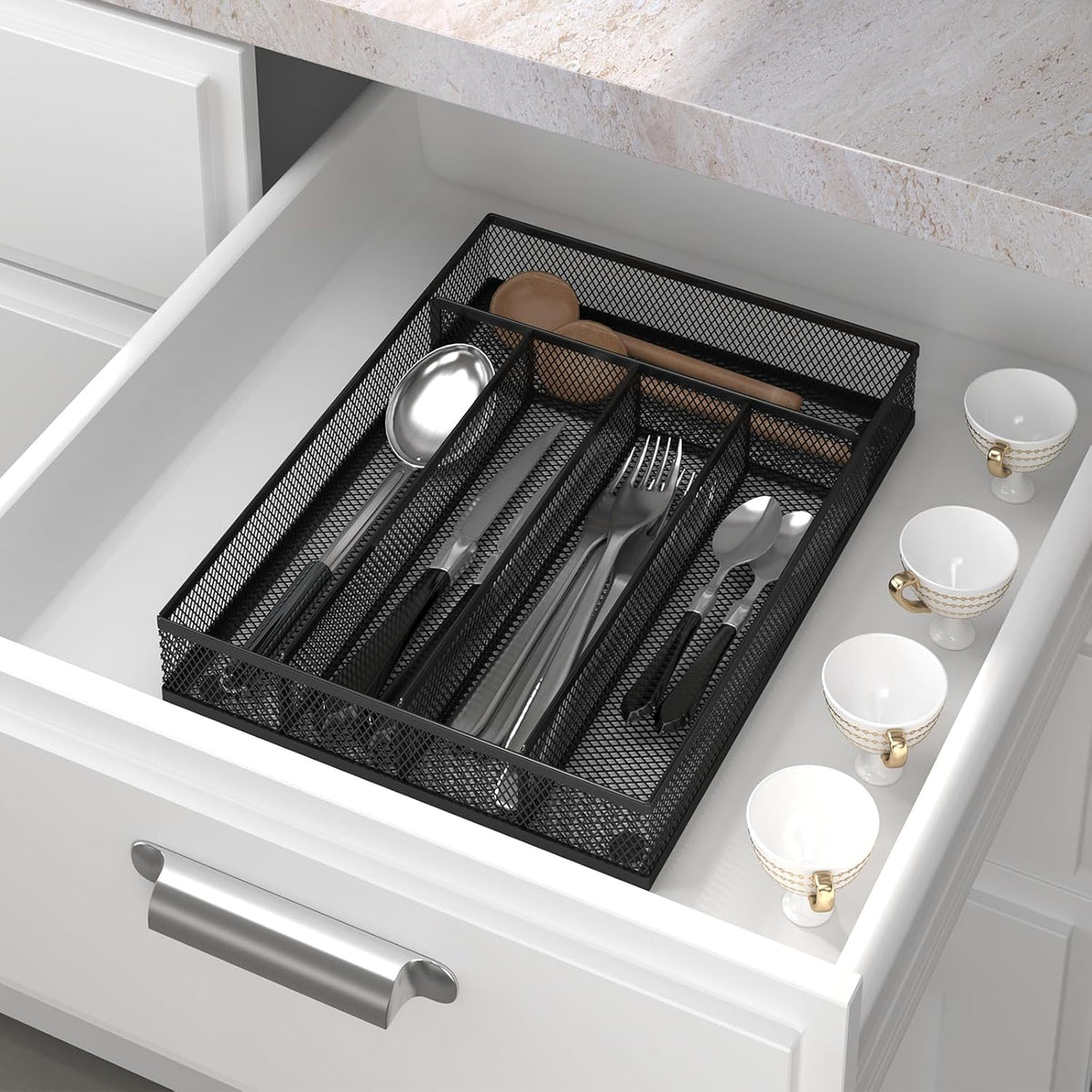 Sedegn mesh silverware tray for drawer: 6 Compartments for Easy Sorting | Sized at 11.3" x 16" for kitchen drawers with non-slip feet, metal mesh design for easy cleaning, organizing flatware Black