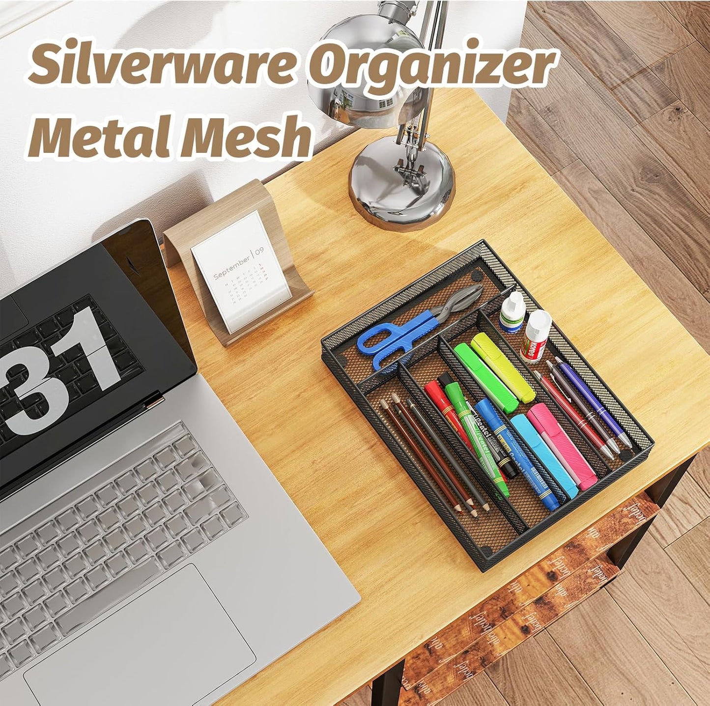 Sedegn mesh silverware tray for drawer: 6 Compartments for Easy Sorting | Sized at 11.3" x 16" for kitchen drawers with non-slip feet, metal mesh design for easy cleaning, organizing flatware Black