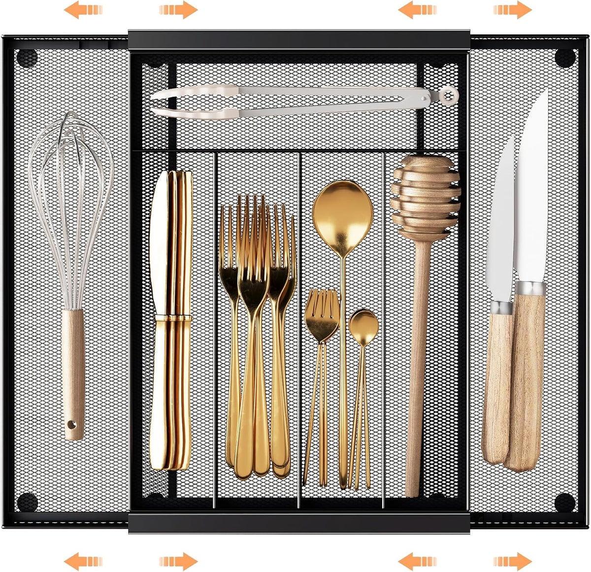 Sedegn mesh silverware tray for drawer: 6 Compartments for Easy Sorting | Sized at 11.3" x 16" for kitchen drawers with non-slip feet, metal mesh design for easy cleaning, organizing flatware Black