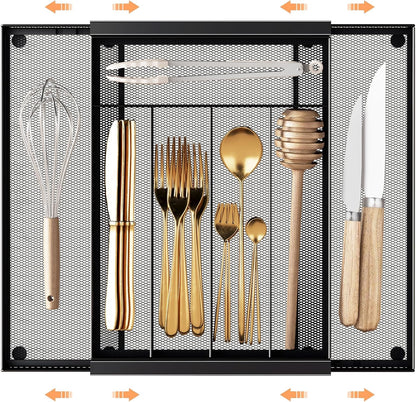 Sedegn mesh silverware tray for drawer: 6 Compartments for Easy Sorting | Sized at 11.3" x 16" for kitchen drawers with non-slip feet, metal mesh design for easy cleaning, organizing flatware Black