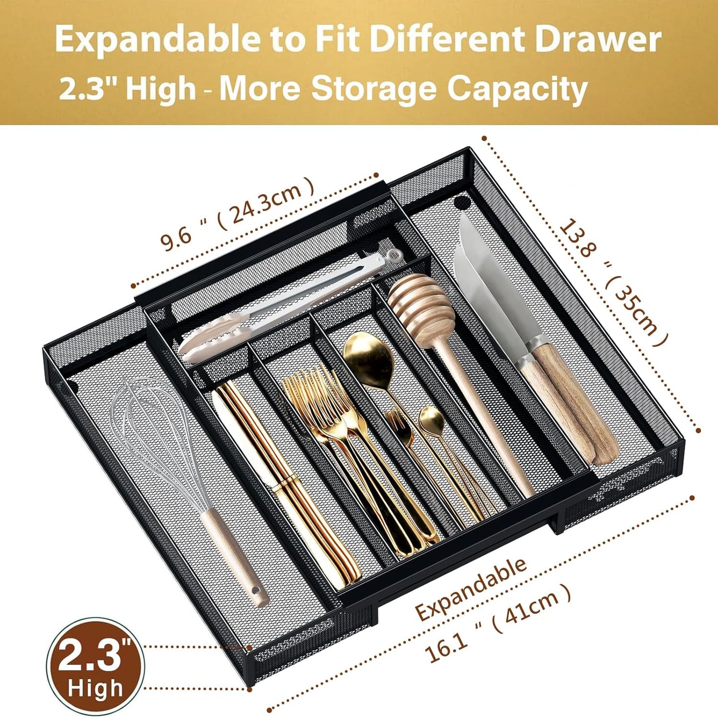 Sedegn mesh silverware tray for drawer: 6 Compartments for Easy Sorting | Sized at 11.3" x 16" for kitchen drawers with non-slip feet, metal mesh design for easy cleaning, organizing flatware Black