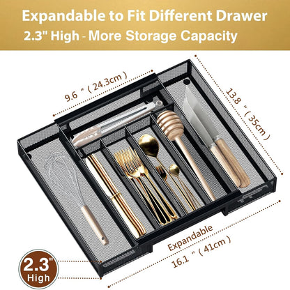 Sedegn mesh silverware tray for drawer: 6 Compartments for Easy Sorting | Sized at 11.3" x 16" for kitchen drawers with non-slip feet, metal mesh design for easy cleaning, organizing flatware Black